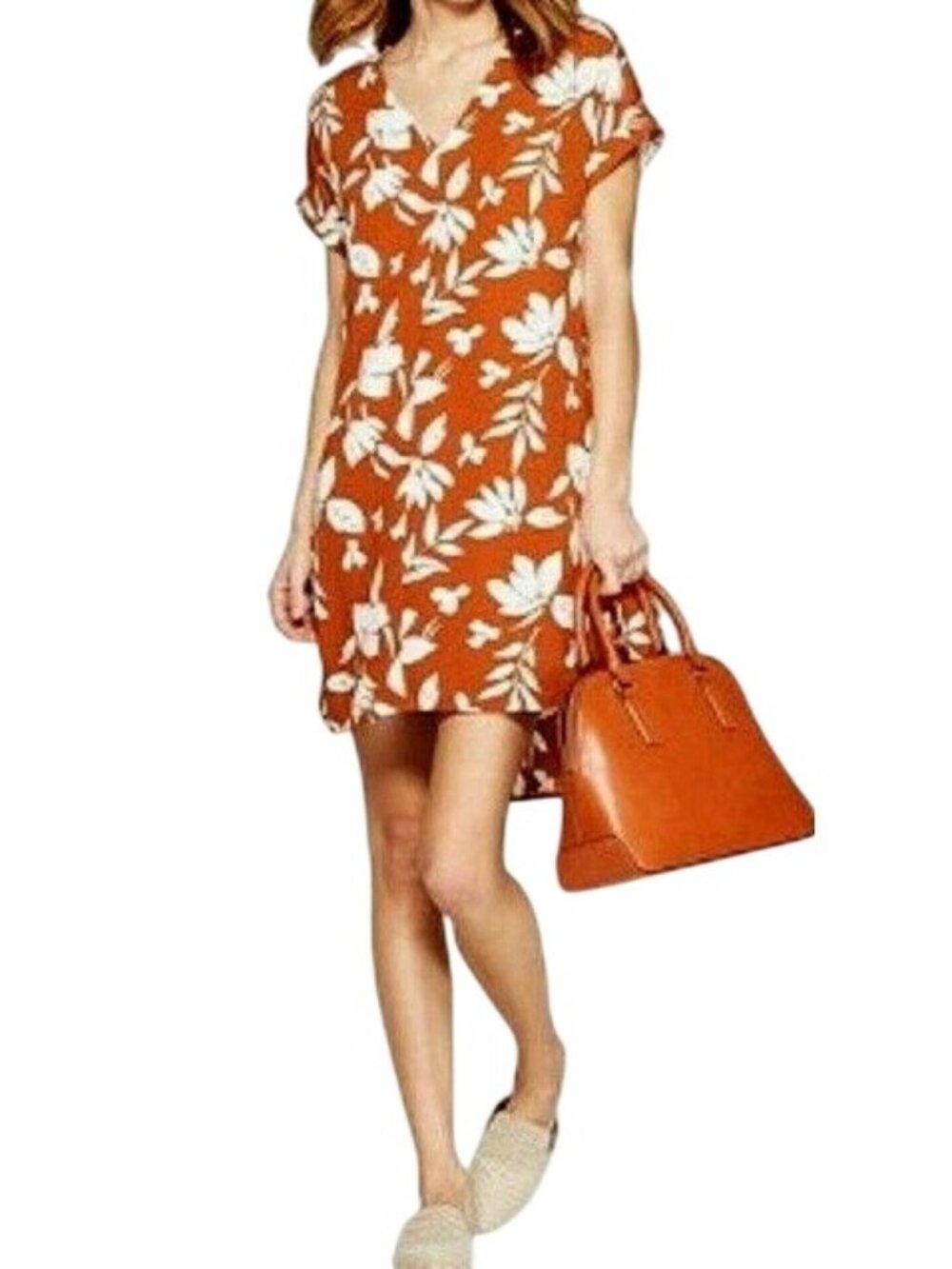 A New Day Mini Dress XS Floral High Low V-Neck Short Sleeve Rust White Bohemian
